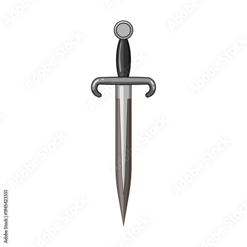 Dagger featuring a sharp metal blade and a dark hilt, symbolizing danger, power, and protection, presented as an isolated cartoon illustration on a white background