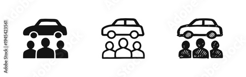 Carpooling and Ride Sharing Icons Set: Car and People Community Transport Symbols in Various Styles