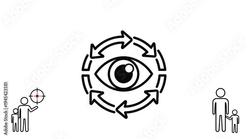 Conceptual illustration of an eye with circular arrows and human silhouettes symbolizing observation monitoring and supervision.