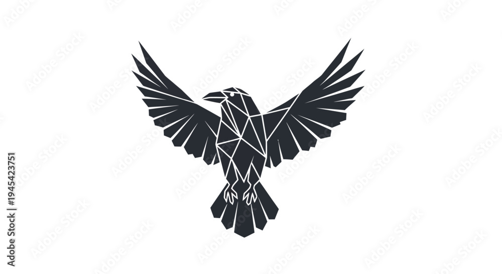 Obraz premium Geometric black raven or crow flying with spread wings. Modern polygonal abstract bird illustration, low poly design element, isolated vector graphic.