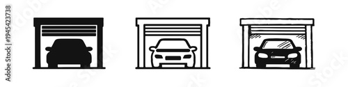 Car Garage and Parking Icons Set: Vehicle Storage Symbols in Solid, Outline, and Hand-Drawn Sketch Styles