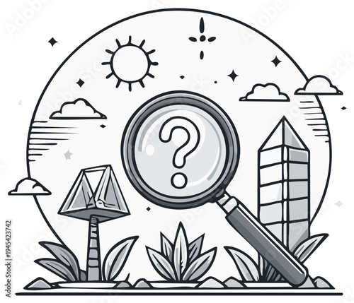 Magnifying glass reveals question mark amidst surreal landscape with abstract structures and celestial elements