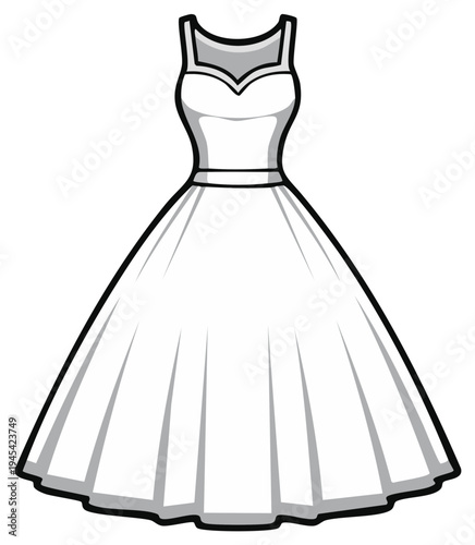 Elegant white wedding dress illustration featuring a sweetheart neckline, full skirt and shoulder straps. Minimalist style.