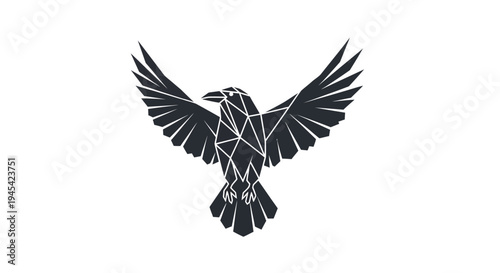 Geometric black raven or crow flying with spread wings. Modern polygonal abstract bird illustration, low poly design element, isolated vector graphic.