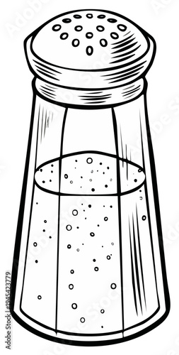 Black and white illustration of a salt shaker with seasoning inside and a perforated lid
