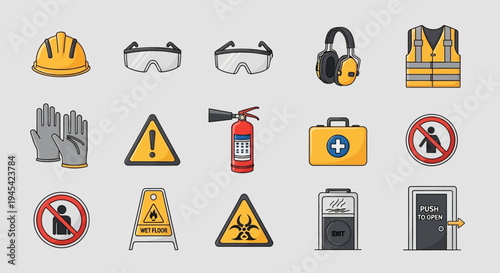 Safety Equipment and Warning Signs Collection.