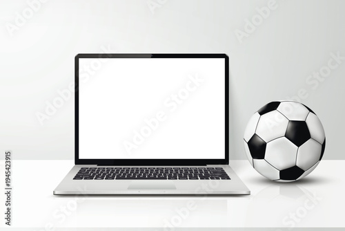 Laptop with blank screen and soccer ball on table realistic mockup vector illustration