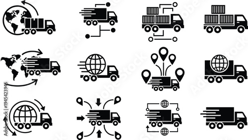 Global Logistics and Shipping Icon Set with Trucks, Containers, Routes, and Worldwide Delivery Symbols