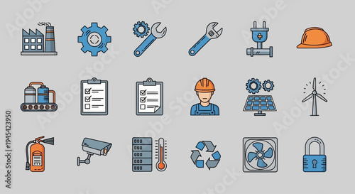 Industrial Icons Representing Various Sectors and Tools.