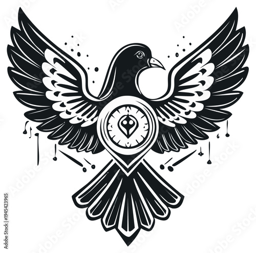 Stylized black and white flying dove illustration with spread wings and intricate symbolic emblem design