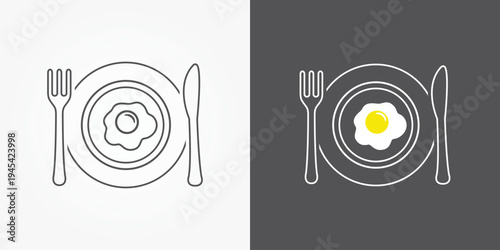Breakfast plate line icon. Fork, knife, scrambled egg on plate outline vector icon