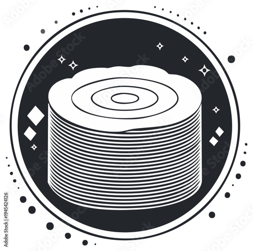 Stack of plates illustration within a black circle.