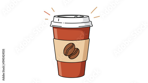 Takeaway coffee cup with a protective sleeve featuring coffee bean icons and steam lines illustrating a fresh morning beverage for cafe branding design.