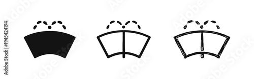 Windshield Washer Fluid Icons Set: Car Wiper Spray Symbols in Solid, Outline, and Hand-Drawn Sketch Styles