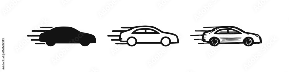 Naklejka premium Fast Moving Car Icon Set with Speed Lines. Speeding Automobile Symbol in Glyph, Outline, and Hand-Drawn Styles.