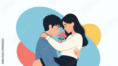 Romantic young couple sharing a tender embrace while holding a small bouquet of pink flowers against a colorful abstract background for love concepts.