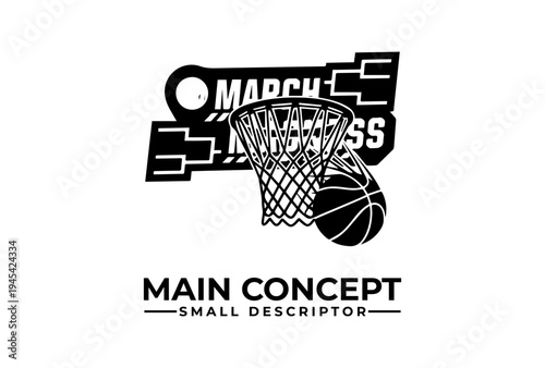 Black and white graphic illustration of a basketball going through a hoop with a March Madness logo in a bold, geometric style on a white background.