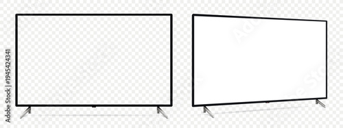 Smart tv mockup. Front and side view with white and empty screen on transparent background.