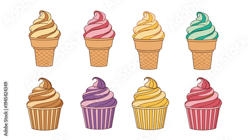 Assortment of eight colorful soft serve ice cream cones and cupcakes in various flavors and decorative swirls for a sweet dessert and bakery menu.