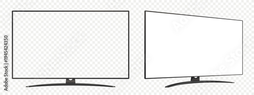TV flat screen mockup. Front and side view with white and empty screen on transparent background.