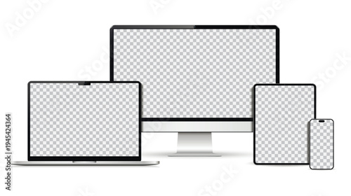 Empty screen computer, laptop, tablet, smartphone mockup. Set technology devices.