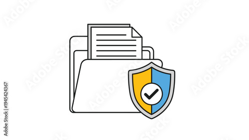 Secure digital file folder icon with a document inside protected by a checkmark shield for data privacy, cybersecurity, and information management themes.
