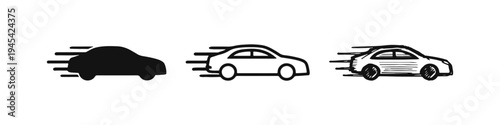 Fast Moving Car Icon Set with Speed Lines. Speeding Automobile Symbol in Glyph, Outline, and Hand-Drawn Styles.