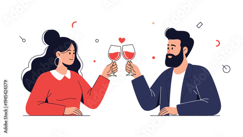 Happy man and woman toasting with red wine glasses during a romantic date night to celebrate an anniversary or special occasion in a cozy setting.