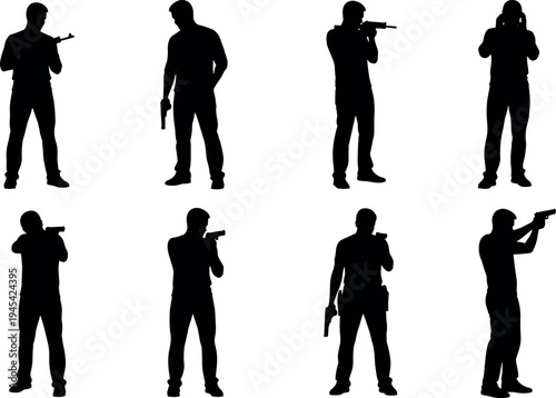 Man in Silhouette Holding Handgun and Rifle in Various Poses Set of Military Soldier or Secret Agent Vector Illustrations