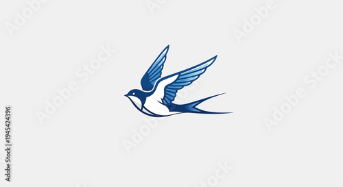 Elegant Blue and White Swallow Bird Flying in Air, Stylized Vector Graphic Illustration, Freedom and Nature Concept on White Background