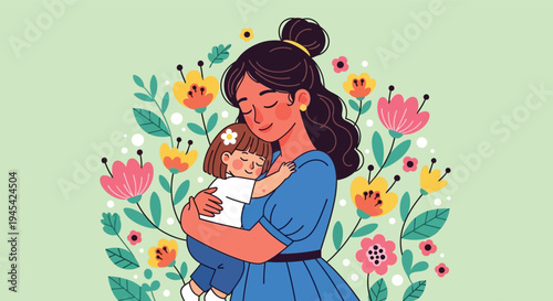 Flat vector illustration of a loving mother hugging her small daughter surrounded by colorful spring flowers, heartfelt Mother's Day and parenting concept.