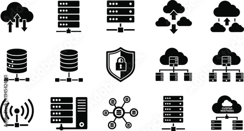 Cloud Storage, Database, and Network Security Icon Set with Data Centers, Cloud Hosting, and Encryption Symbols