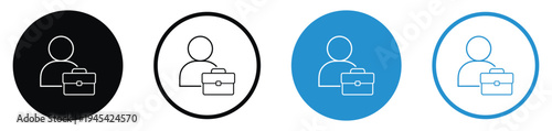 Minimalist outline icons of a person with a work bag. Perfect for HR portals, job search platforms, resume services, and corporate identity design in clean blue and black circles.