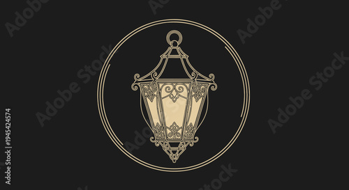 Elegant Vintage Ornate Lantern Illustration in Gold and Black Circle Frame, Classic Decorative Design, Retro Lamp Motif