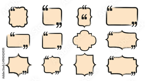 Collection of twelve vintage quote frames in various shapes with speech marks and brush strokes for typography, social media posts, and design layouts.