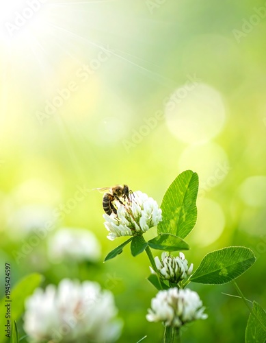 A bee gathers nectar on a delicate white flower amidst lush, out-of-focus greenery, bathed in warm sunlight. Vibrant and fresh, it evokes springtime