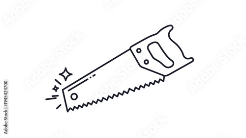 Manual hand saw illustration with sharp teeth and a comfortable grip handle featuring sparkle lines for woodworking, carpentry, and construction tasks.