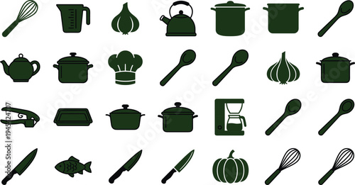 Set of Kitchen Tools and Equipment Icons, including Pots, Pans, Knives, Whisks, and Utensils for Cooking, Food Preparation, and Culinary Designs