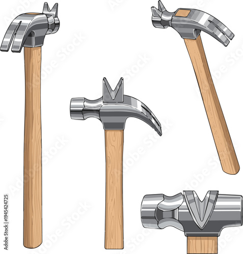 Create a realistic kinds of deferent view of a shiny new claw hammer with a wooden handle for pounding nails vector art with white background..