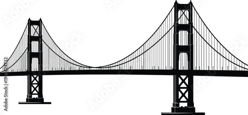 Suspension bridge silhouette illustration featuring Golden Gate style towers, cables, roadway deck, urban architecture, engineering landmark, iconic structure