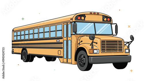 Iconic yellow school bus illustration used for student transportation with many windows and black trim for educational and safety related design projects.