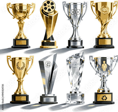 Create a realistic kinds of deferent Top 10 ten award cup symbol 3d render vector art with white background..