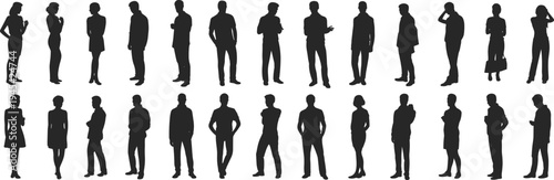 Silhouettes of diverse, modern business people, men and women in various standing and interacting poses, corporate