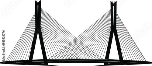 Cable stayed bridge silhouette illustration featuring tall pylons, symmetrical cables, modern engineering design, architectural landmark, urban infrastructure, structural symmetry