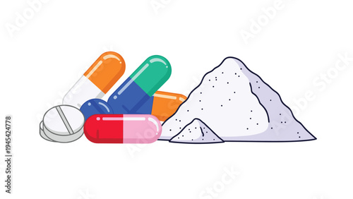 Assortment of colorful pharmaceutical pills and capsules next to a mound of white medicinal powder for healthcare, drug research, and pharmacy themes.