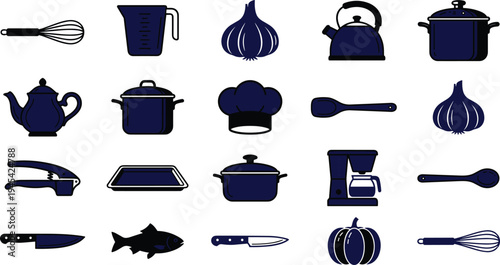 Kitchen Tools and Appliances Set Including Teapot, Pot, Knife, Whisk, Garlic, and More for Culinary Illustrations