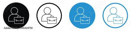 Minimalist outline icons of a person with a work bag. Perfect for HR portals, job search platforms, resume services, and corporate identity design in clean blue and black circles.