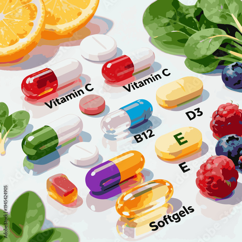 Create a realistic kinds of deferent Vitamins - healthy diet and healthy life concept - 3d render vector art with white background..