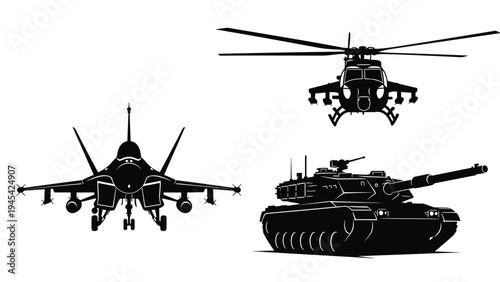 Armed forces military vehicles including a jet fighter plane, a combat tank, and an attack helicopter shown in black silhouettes for defense concepts.
