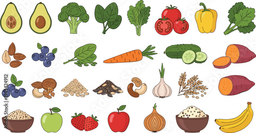 Healthy Food Ingredients Collection with Fruits Vegetables Nuts Grains and Fresh Organic Nutrition Vector Set
